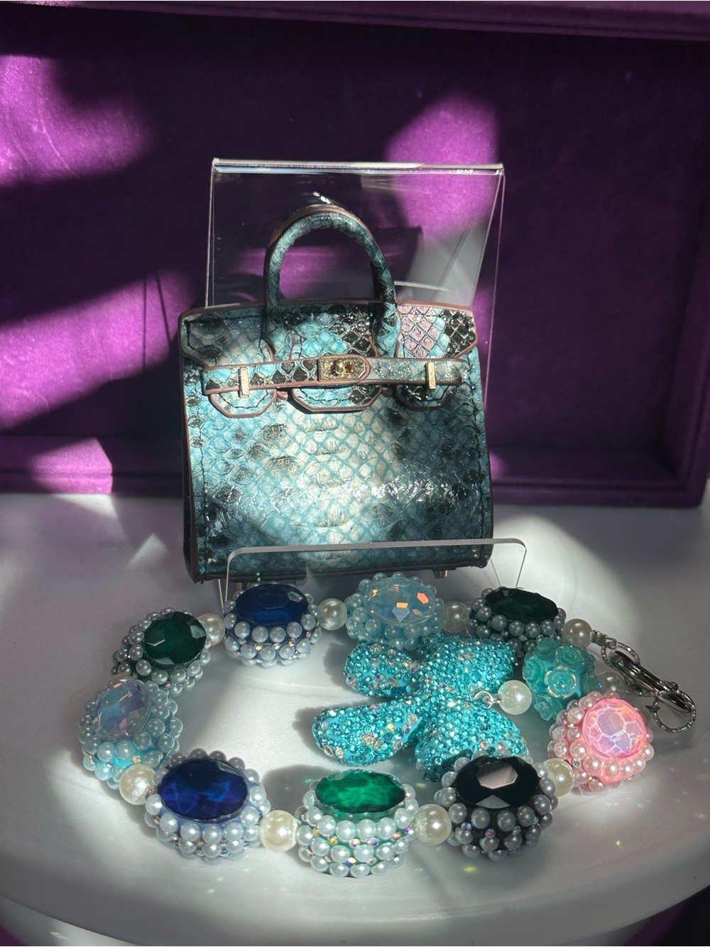 Snake Print Mini Bag Charm + Jewel Bead Chain Set